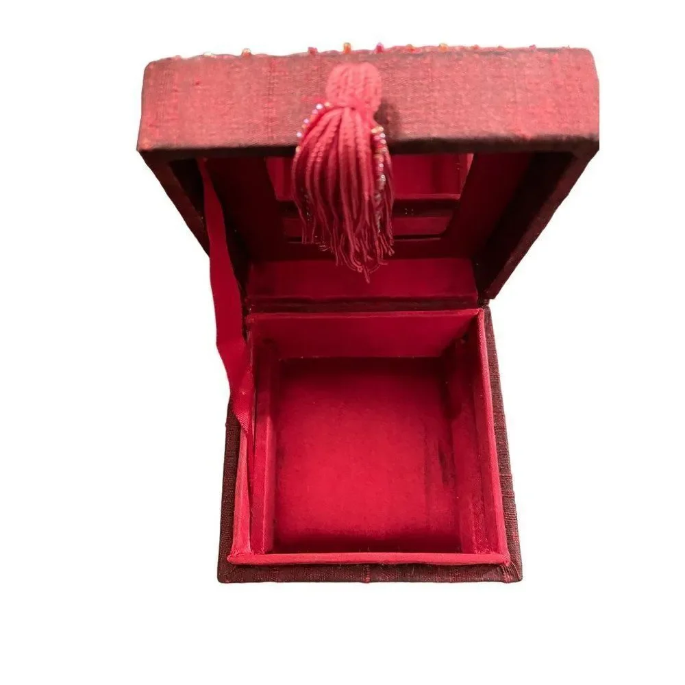 Vintage Red Jewelry Box with bead and tassel 4 x 4 x 3 mirror & removable insert
